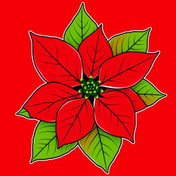 Poinsettia flower with vibrant red petals and lush green leaves, delicately outlined with a fine black contour.