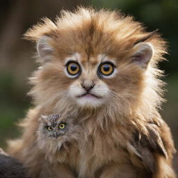 A baby creature with the majestic mane of a lion and the wise, wide-eyed expression of an owl.