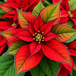 Poinsettia flower with vibrant red petals and lush green leaves, delicately outlined with a fine black contour.