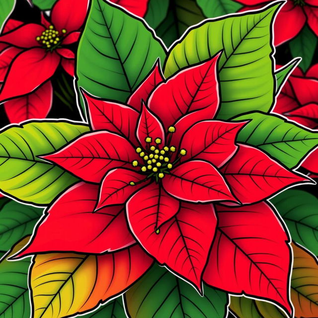 Poinsettia flower with vibrant red petals and lush green leaves, delicately outlined with a fine black contour.