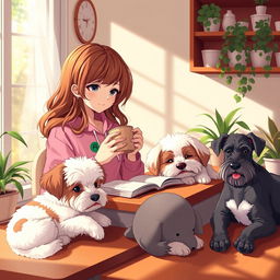 an anime-style woman with brown wavy hair, wearing a pink froggie hoodie, studying in a cozy setting in the afternoon, sipping coffee at a beautifully aesthetic desk adorned with plants, three adorable doggies sleeping beside her: a white and brown Bichon Havanese, a Maltese with white fur, light brown spots and green eyes, and a grey Schnauzer, warm and inviting atmosphere with gentle afternoon light casting soft shadows