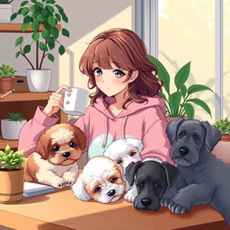 an anime-style woman with brown wavy hair, wearing a pink froggie hoodie, studying in a cozy setting in the afternoon, sipping coffee at a beautifully aesthetic desk adorned with plants, three adorable doggies sleeping beside her: a white and brown Bichon Havanese, a Maltese with white fur, light brown spots and green eyes, and a grey Schnauzer, warm and inviting atmosphere with gentle afternoon light casting soft shadows