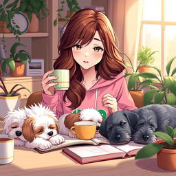 an anime-style woman with brown wavy hair, wearing a pink froggie hoodie, studying in a cozy setting in the afternoon, sipping coffee at a beautifully aesthetic desk adorned with plants, three adorable doggies sleeping beside her: a white and brown Bichon Havanese, a Maltese with white fur, light brown spots and green eyes, and a grey Schnauzer, warm and inviting atmosphere with gentle afternoon light casting soft shadows