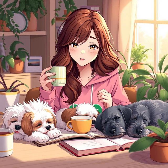 an anime-style woman with brown wavy hair, wearing a pink froggie hoodie, studying in a cozy setting in the afternoon, sipping coffee at a beautifully aesthetic desk adorned with plants, three adorable doggies sleeping beside her: a white and brown Bichon Havanese, a Maltese with white fur, light brown spots and green eyes, and a grey Schnauzer, warm and inviting atmosphere with gentle afternoon light casting soft shadows