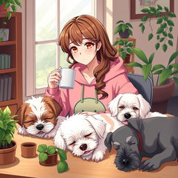 an anime-style woman with brown wavy hair, wearing a pink froggie hoodie, studying in a cozy setting in the afternoon, sipping coffee at a beautifully aesthetic desk adorned with plants, three adorable doggies sleeping beside her: a white and brown Bichon Havanese, a Maltese with white fur, light brown spots and green eyes, and a grey Schnauzer, warm and inviting atmosphere with gentle afternoon light casting soft shadows