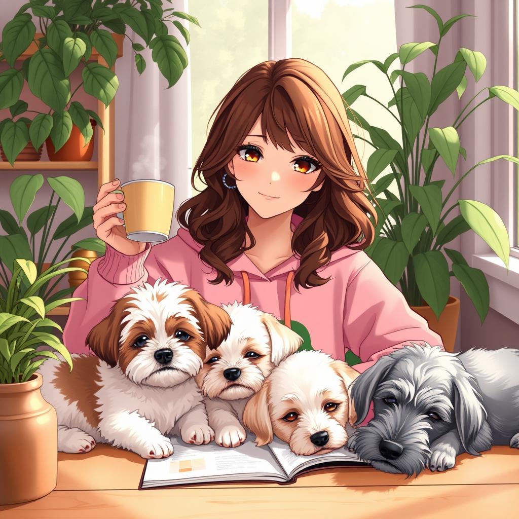 an anime-style woman with brown wavy hair, wearing a pink froggie hoodie, studying in a cozy afternoon ambiance, sipping coffee at an aesthetic desk adorned with lush plants, three adorable doggies sleeping beside her: a white and brown Bichon Havanese, a Maltese with white fur, light brown spots and enchanting green eyes, and a silver Schnauzer, capturing a warm and inviting atmosphere with gentle afternoon light filtering through