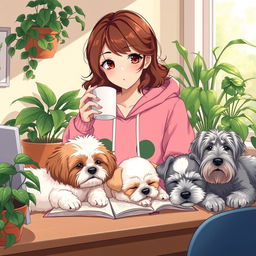 an anime-style woman with brown wavy hair, wearing a pink froggie hoodie, studying in a cozy afternoon ambiance, sipping coffee at an aesthetic desk adorned with lush plants, three adorable doggies sleeping beside her: a white and brown Bichon Havanese, a Maltese with white fur, light brown spots and enchanting green eyes, and a silver Schnauzer, capturing a warm and inviting atmosphere with gentle afternoon light filtering through