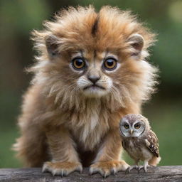 A baby creature with the majestic mane of a lion and the wise, wide-eyed expression of an owl.