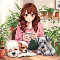 an anime-style woman with brown wavy hair, wearing a pink froggie hoodie, studying in a cozy afternoon ambiance, sipping coffee at an aesthetic desk adorned with lush plants, three adorable doggies sleeping beside her: a white and brown Bichon Havanese, a Maltese with white fur, light brown spots and enchanting green eyes, and a silver Schnauzer, capturing a warm and inviting atmosphere with gentle afternoon light filtering through