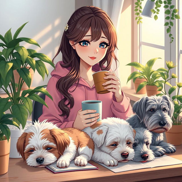 an anime-style woman with brown wavy hair, wearing a pink froggie hoodie, studying in a cozy afternoon ambiance, sipping coffee at an aesthetic desk adorned with lush plants, three adorable doggies sleeping beside her: a white and brown Bichon Havanese, a Maltese with white fur, light brown spots and enchanting green eyes, and a silver Schnauzer, capturing a warm and inviting atmosphere with gentle afternoon light filtering through