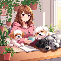 an anime-style woman with brown wavy hair, wearing a pink froggie hoodie, studying in a cozy afternoon ambiance while enjoying a cup of coffee