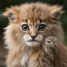 A baby creature with the majestic mane of a lion and the wise, wide-eyed expression of an owl.