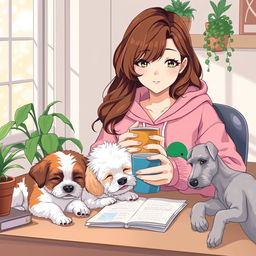 an anime-style woman with brown wavy hair, wearing a pink froggie hoodie, studying in a cozy afternoon ambiance while enjoying a cup of coffee