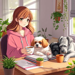 an anime-style woman with brown wavy hair, wearing a pink froggie hoodie, studying in a cozy afternoon ambiance while enjoying a cup of coffee