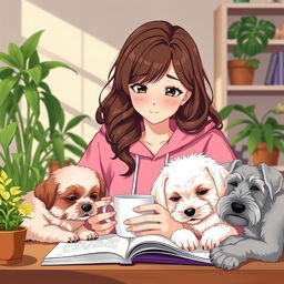 an anime-style woman with brown wavy hair, wearing a pink froggie hoodie, studying in a cozy afternoon ambiance while enjoying a cup of coffee