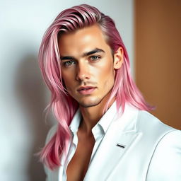 A striking male human with long pink hair, elegantly styled