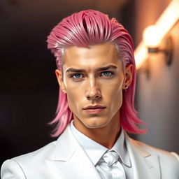 A striking male human with long pink hair, elegantly styled