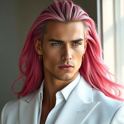 A striking male human with long pink hair, elegantly styled