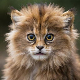 A baby creature with the majestic mane of a lion and the wise, wide-eyed expression of an owl.