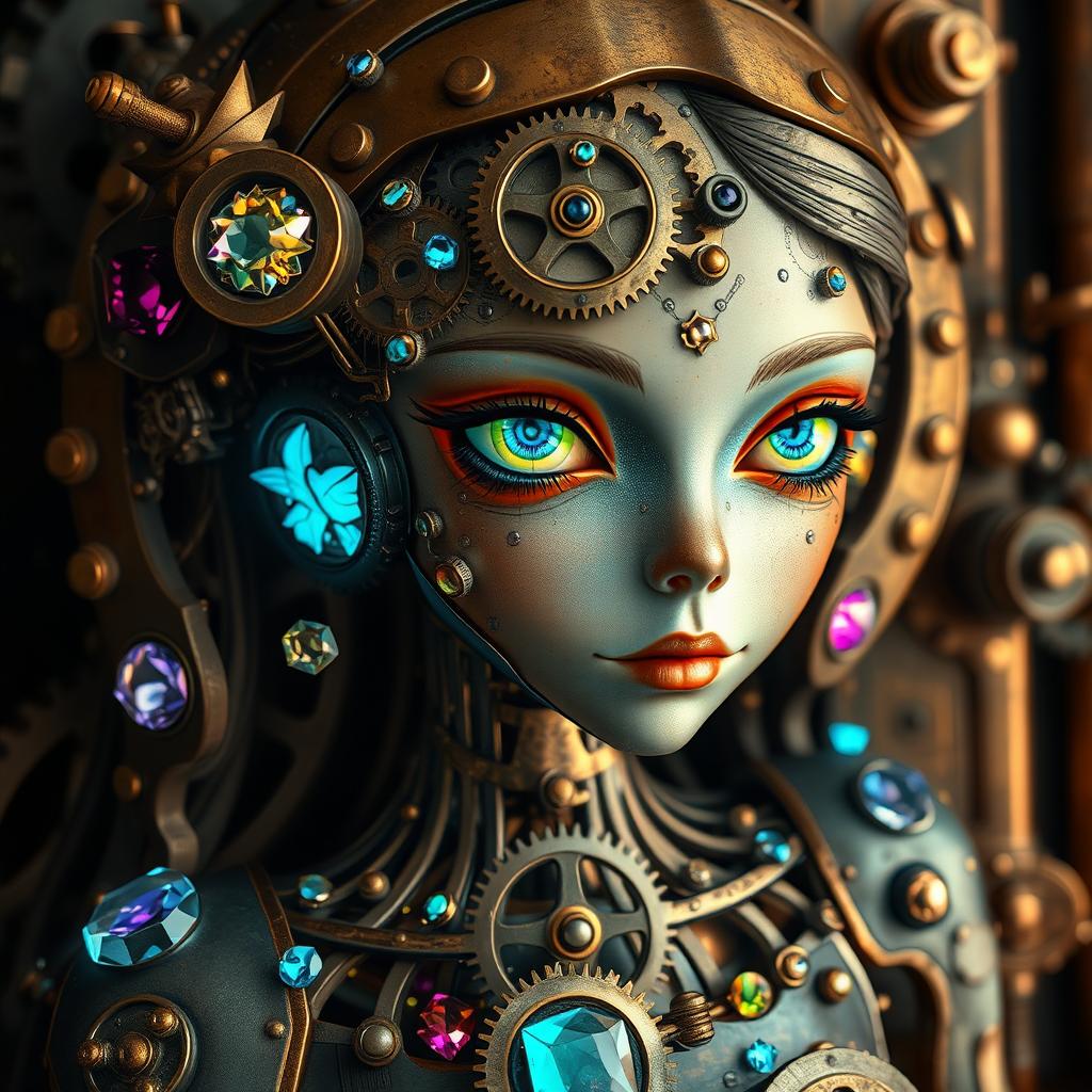 A clockwork automaton girl with intricate gears and cogs visible beneath her semi-translucent skin