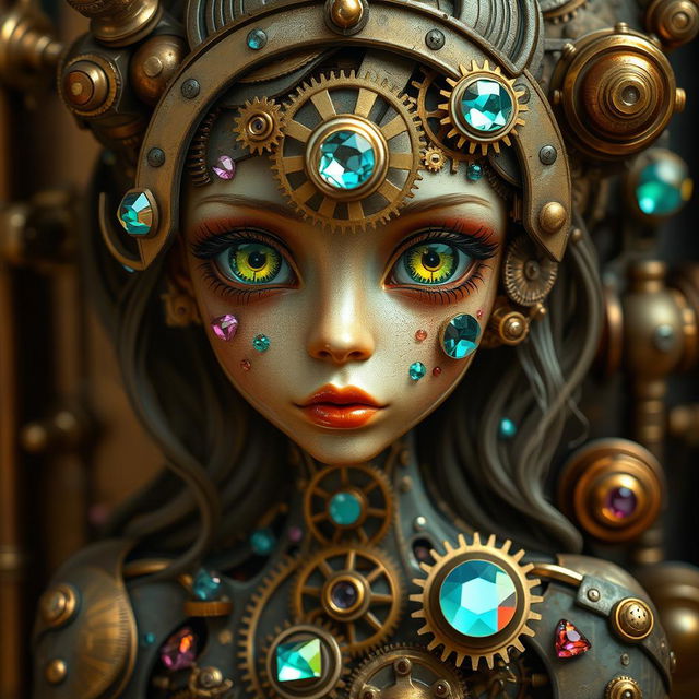 A clockwork automaton girl with intricate gears and cogs visible beneath her semi-translucent skin