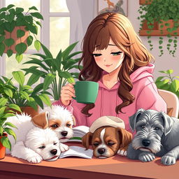 a gentle and cute anime-style woman with brown wavy hair, wearing a pink froggie hoodie, engrossed in studying while sipping coffee, creating a cozy afternoon vibe