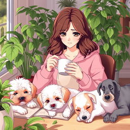 a gentle and cute anime-style woman with brown wavy hair, wearing a pink froggie hoodie, engrossed in studying while sipping coffee, creating a cozy afternoon vibe