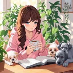 a gentle and cute anime-style woman with brown wavy hair, wearing a pink froggie hoodie, engrossed in studying while sipping coffee, creating a cozy afternoon vibe