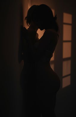 A young woman wearing elegant lingerie, gently hugging her silhouetted shadow in a dimly lit room