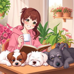 a happy and cute anime-style woman with brown wavy hair, wearing a pink froggie hoodie, studying with a smile and enjoying coffee in a cozy afternoon setting