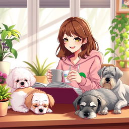 a happy and cute anime-style woman with brown wavy hair, wearing a pink froggie hoodie, studying with a smile and enjoying coffee in a cozy afternoon setting