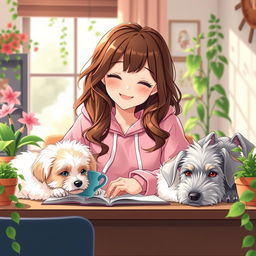 a happy and cute anime-style woman with brown wavy hair, wearing a pink froggie hoodie, studying with a smile and enjoying coffee in a cozy afternoon setting