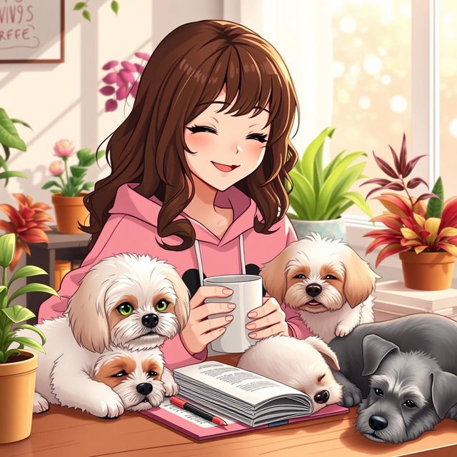 a happy and cute anime-style woman with brown wavy hair, wearing a pink froggie hoodie, studying with a smile and enjoying coffee in a cozy afternoon setting