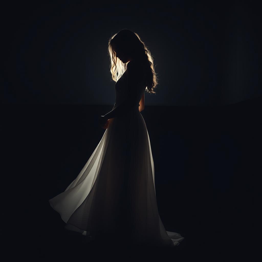 A young woman wearing a flowing white dress, gently hugging her silhouetted shadow in a dimly lit room