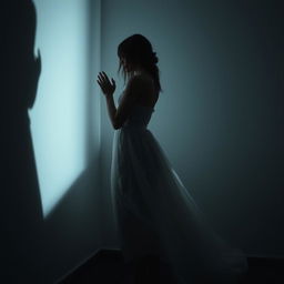 A young woman wearing a flowing white dress, gently hugging her silhouetted shadow in a dimly lit room