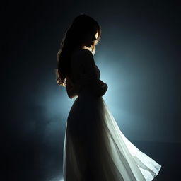 A young woman wearing a flowing white dress, gently hugging her silhouetted shadow in a dimly lit room