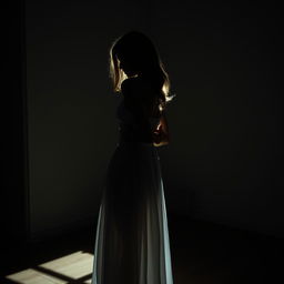 A young woman wearing a flowing white dress, gently hugging her silhouetted shadow in a dimly lit room