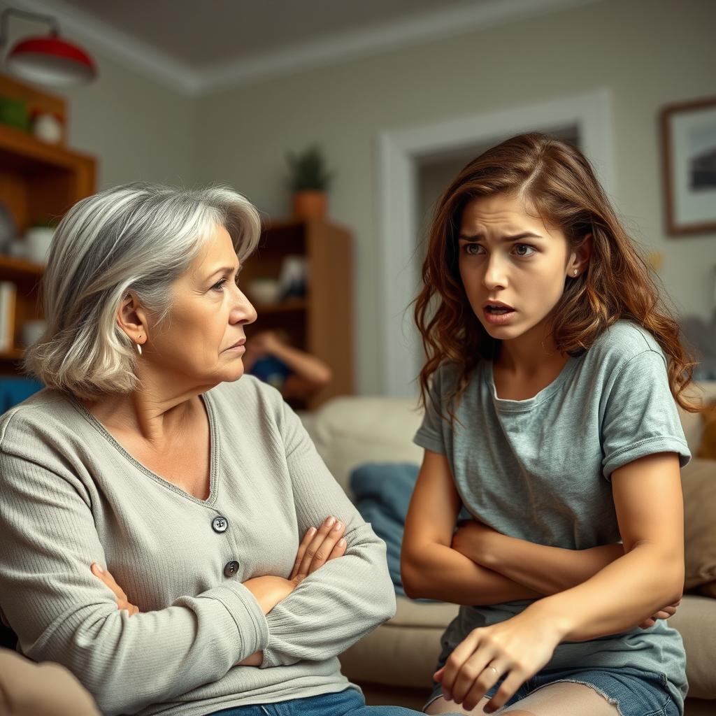 A tense scene between a white mother and her teenage daughter engaged in a heated argument