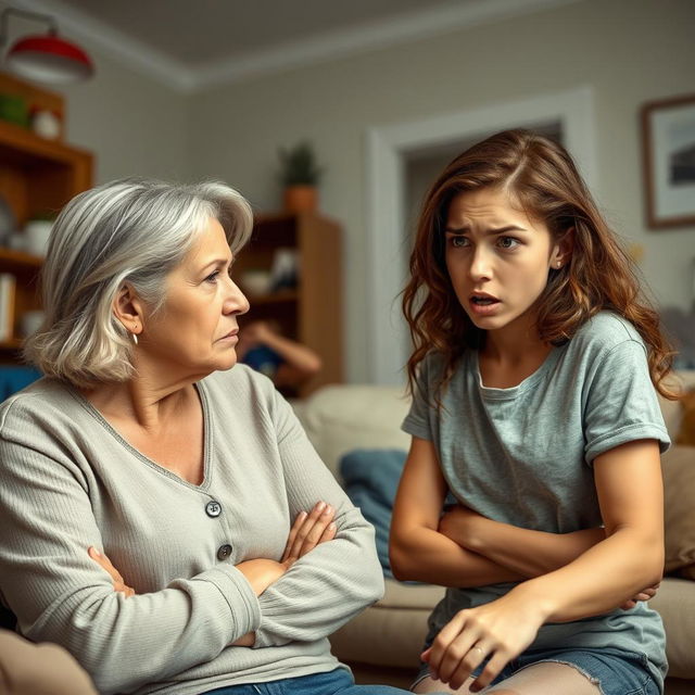 A tense scene between a white mother and her teenage daughter engaged in a heated argument