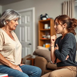 A tense scene between a white mother and her teenage daughter engaged in a heated argument