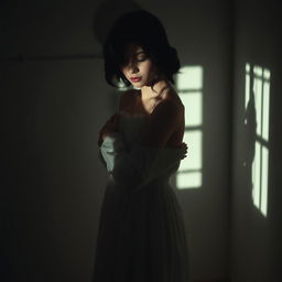 A young dark-haired woman wearing a flowing night dress, gently hugging her silhouetted shadow in a dimly lit room