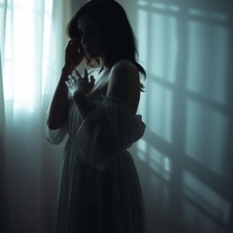 A young dark-haired woman wearing a flowing night dress, gently hugging her silhouetted shadow in a dimly lit room