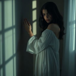 A young dark-haired woman wearing a flowing night dress, gently hugging her silhouetted shadow in a dimly lit room