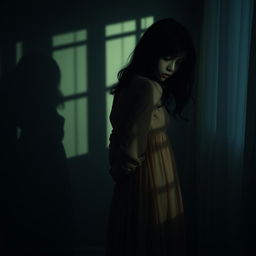 A young dark-haired woman wearing a flowing night dress, gently hugging her silhouetted shadow in a dimly lit room