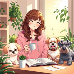 a happy and cute anime-style woman with brown wavy hair, wearing a pink froggie hoodie, delightfully studying while sipping coffee in the cozy embrace of an afternoon setting