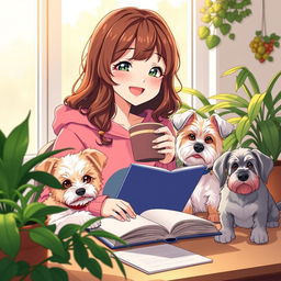 a happy and cute anime-style woman with brown wavy hair, wearing a pink froggie hoodie, delightfully studying while sipping coffee in the cozy embrace of an afternoon setting