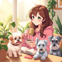 a happy and cute anime-style woman with brown wavy hair, wearing a pink froggie hoodie, delightfully studying while sipping coffee in the cozy embrace of an afternoon setting