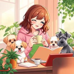 a happy and cute anime-style woman with brown wavy hair, wearing a pink froggie hoodie, delightfully studying while sipping coffee in the cozy embrace of an afternoon setting