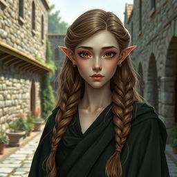 A beautiful half-elf character with pale skin and long light brown hair styled in a sophisticated plait, complementing her large, mesmerizing amber eyes