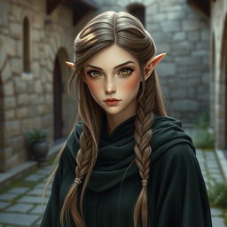 A beautiful half-elf character with pale skin and long light brown hair styled in a sophisticated plait, complementing her large, mesmerizing amber eyes